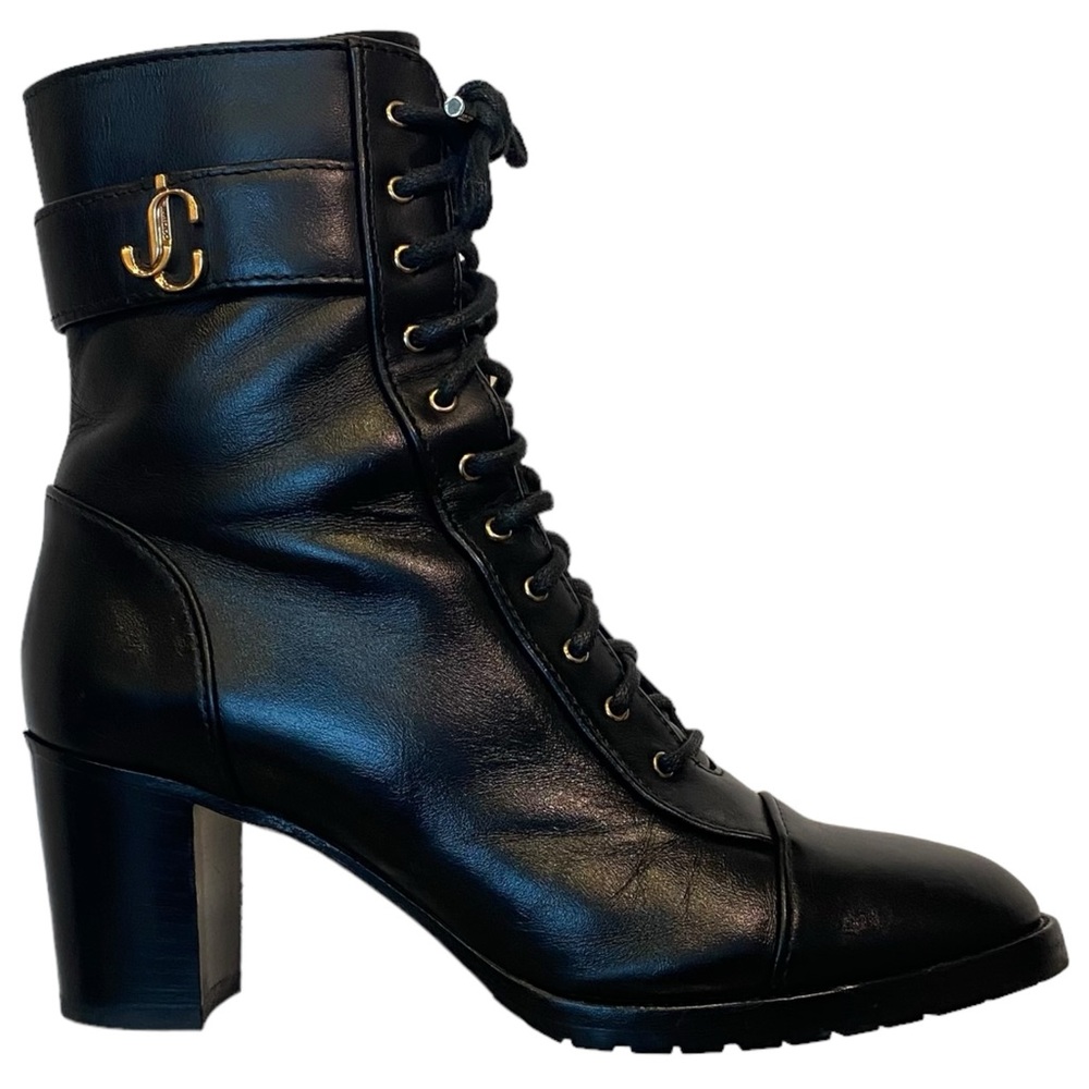 Jimmy Choo “Cayo” Lace Up Logo Leather combat Ankle Boots 37.5